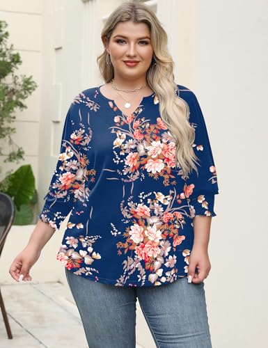 Rapbin Womens Plus Size Tops 3/4 Sleeve Blouses Shirts Casual V Neck Loose Tunic Tops 1X-5X
