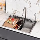 homary Multifunction Kitchen Sink, Black Stainless Steel Smart Sink kitchen with Pull-Down Faucet, Chopping Board, Drying Rack & Gold Finish, for Modern Kitchens, 29-Inch