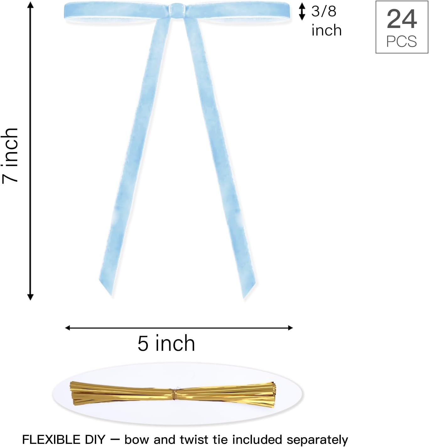 LaRibbons 24 Pcs Light Blue Velvet Bows for Christmas Tree, Door, Garland, Wreath, 3/8" Wide, 5"x7", Vintage Style - Image 5