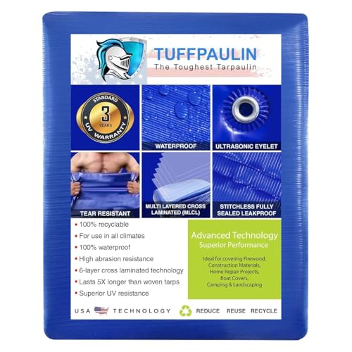 Image of TUFFPAULIN Plastic 36Ft X 32Ft 120 Gsm Blue Tarpaulin Tirpal Tadpatri Tharpai Thadika, Extra Strong, Reinforced Eyelets, Uv Resistant, 100% Waterproof Virgin, 6 Layer Mlcl 3D Rib Technology-1 No.