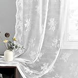 FINECITY Lace Curtains for Bedroom - Romantic Striped Dots Rose Floral Lace Curtains 72 Inch Length,