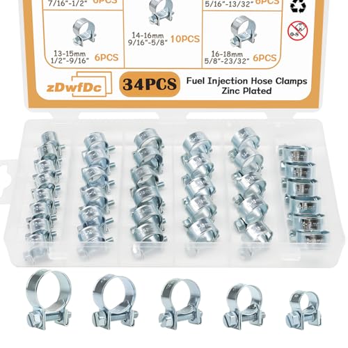 zDwfDc 34PCS 8-18mm 5 Sizes Fuel Injection Line Hose Clamps Assortment Kit 1/4 5/16 3/8 Fuel Line Hose Clamp for Automotive Diesel Petrol Pipe DD025