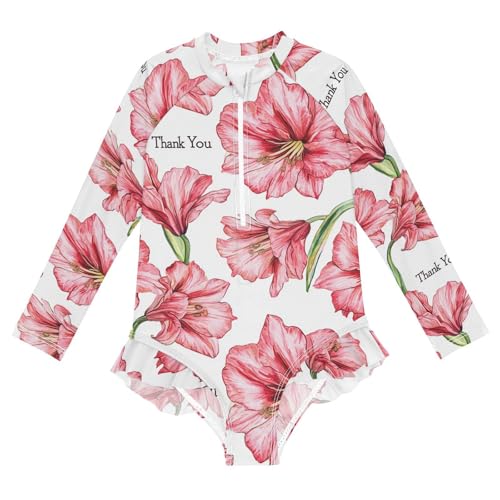KLL Cool Amaryllis White Girls Swimsuit Long Sleeve 1 Piecing Rash Guard for Girls Toddler Bathing Suit 7-8T