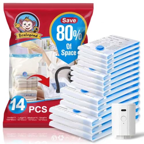 BoxLegend Pack de 14 Sacs Sous Vide pour Vêtements avec Pompe Électrique USB - 3XL/3L/4M/4S Réutilisables, Économisent de l'Espace, Idéaux pour les...