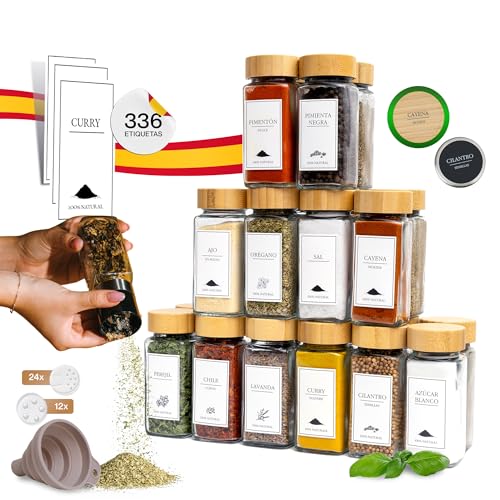comforder Juego Tarros Especias (24 unidades), Organizador de Especias con Dispensador y Etiquetas + Embudo, Especieros Cuadrados, 120ml (Tapa de Bambú)