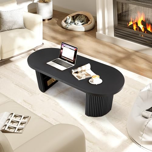 Image of Oval Fluted Coffee Table, 47 inch Farmhouse Wood Coffee Table Mid Century Modern Center Table Boho Living Room Tables for Living Room Office,Black