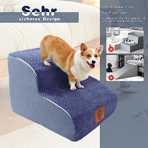 Thihome Hundetreppe 2 Stufen, rutschfest Hundetreppe für kleine Hunde, wasserdichte Katzentreppe mit Bett & Sofa, Haustiertreppe mit Seitliches Aufbewahrungsnetz, Blau