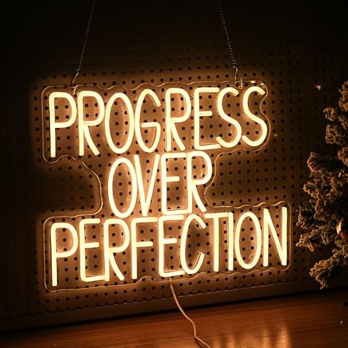 Image of Progress Over Perfection Neon Sign for Wall Decor Dimmable Warm White Words Led Light Up Sign USB Powered LED Letters Neon Light for Classroom Bedroom Library Study Room(16.5 * 12.6In)