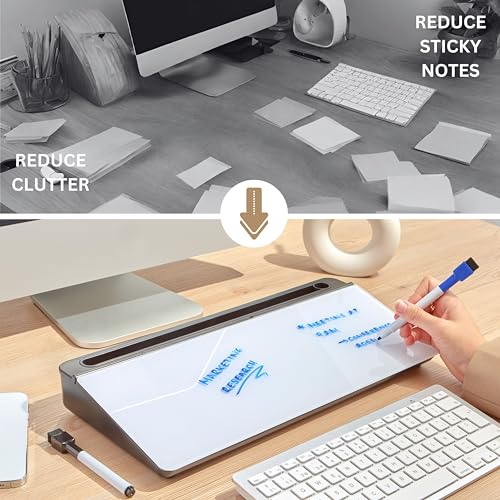 Image of GAROOD Desktop Dry Erase Board with Storage (Black Base) Desk White Board Desk Board Glass Desktop White Board with Stand Home Office Organizer Phone Holder 15.8X7X2 inches