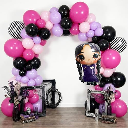 Image of 148pcs Purple Black Hot Pink Balloon Arch Kit for Gothic Birthday Decorations, Dark Sweet Party Balloons Garland Set with Striped Foil Balloons for Halloween Baby Shower Girl Party Decor