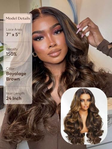 Image of Beauty Forever Bye Bye Knots No Slip Wig Balayage Brown 7x5 Lace Front Wig Human Hair Glueless Drawstring Wigs Loose Wave Face Framing Layers Curtain Bangs Pre Plucked Pre Cut 150% Density 20inch