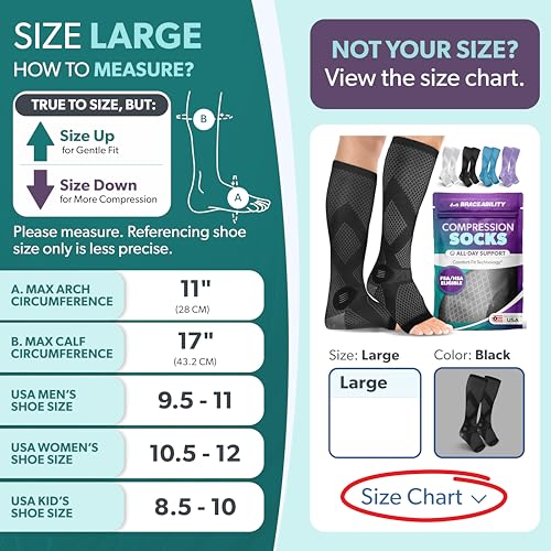 Image of BraceAbility Compression Socks for Circulation - 20-30 mmHg Knee High Neuropathy Open Toe Stockings Best for Varicose Veins, Restless Leg, POTS, Toeless Support for Men or Women - 1 Pair (L - Black)