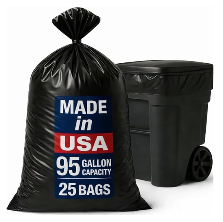 95 Gallon Black Trash Bags | 60 x 66 Inch Large Heavy-Duty Garbage Bags | 25 Count Black Trash Liners for Commercial & Industrial Use