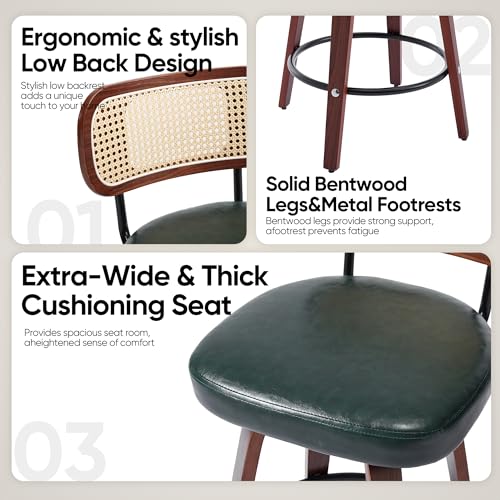 Image of Rattan Bar Stools Set of 2,Upholstered PU Leather, 26'' Counter Height Barstools with Back and Wood Legs,360Swivel,Mid-Century Modern Bar Stool for Kitchen Island Dining Room and Bar(Dark Green)