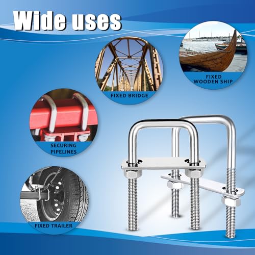 Image of Square U-Bolt, Stainless Steel Square Bend U Bolts with Nuts and Frame Plate for Automobiles Trailer, Ski Boat, or Sailboat Trailer, 2 inch W x 4.3 L,M10*50 * 130
