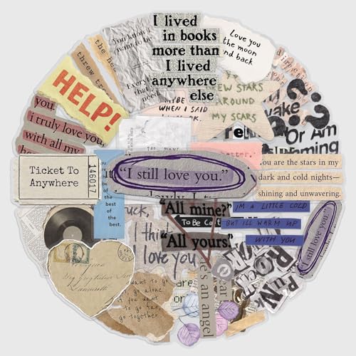 50Pcs Aesthetic Vintage Quote Stickers Waterproof PET Love Text Decals for Water Bottles Laptops Journals Scrapbooking DIY Decoration Gifts for Journal Lovers Teens(Vintage English Fragment)