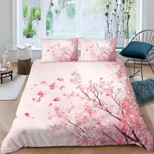 Funda Nordica Cama 105 Flores de Cerezo Ropa de Cama Japón Microfibra Suav Funda Edredon 200x200, Funda Nórdica Flores Rosas y 2 Funda de Almohada 50x80 cm, e6115