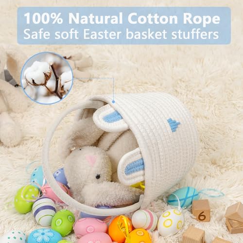 Image of CubesLand Easter Basket for Boys Girls Easter Bunny Basket with Rabbit Ears, Easter Egg Hunting Basket Easter Baskets for Children Kids Babies First Easter Gifts Blue White 9.8 x 7.8 x 7.8 inch