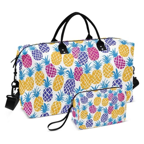 Funny Pineapple Fruit Colored Travel Duffle Bag Gym Bag Weekender Bags with Toiletry Bag Travel Trip Tote Bag
