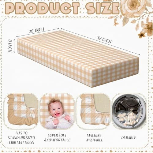 Image of Peryiter 2 Pack Gingham Crib Sheets for Girls Boys Khaki Checkered Bed Sheet Set Fitted 52'' x 28 inch for Standard Crib Mattress Stretchable Soft Toddler Aesthetic Nursery Decor