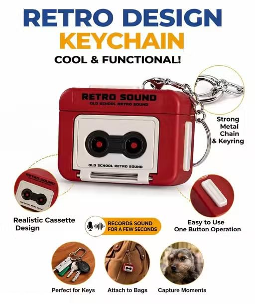 Image of Cassette Player | Retro Cassette Style Audio Recorder Device with Keychain Ring, 15 Second Message Recording Gadget, Cassette Design Body (Blue /Brown)