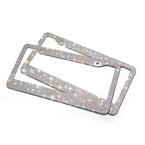 XCLPF Bling License Plate Frame for Women, Sparkly Stainless Steel License Plate Frames| Over 1000 pcs 14 Facets Bedazzled Clear Glass Diamond Rhinestone Crystals w/Free Glitter White Diamond