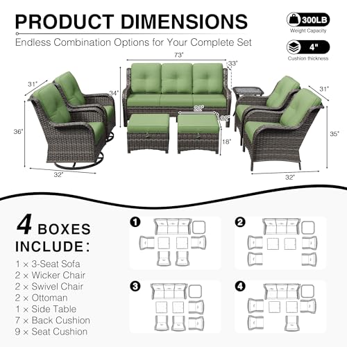 Image of Joyside 8 Piece Wicker Patio Furniture Set, Outdoor Swivel Rocker Patio Chairs with High Back, Deep Seating, Wide Armrest, Thickened Cushions, Outdoor Furniture for Deck, Porch Use