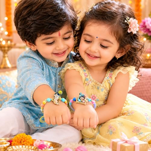 Image of Frostick Kid's Rakhi Gift Set - 2 Little Krishna and Hanuman Rakhis, 1 Celebrations Chocolate Pack, Roli Chawal, Greeting Card | Perfect Raksha Bandhan Chocolate Combo for Brother