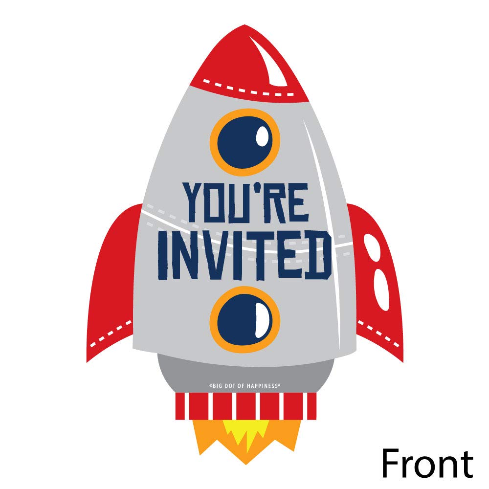 Big Dot of Happiness Blast Off to Outer Space - Shaped Fill-In - Rocket Ship Baby Shower or Birthday Party Invitation Cards with Envelopes - Set of 12