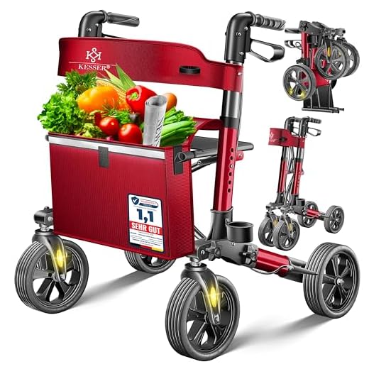 KESSER Rollator Aluminium Set, Leichtgewicht-Reiserollator mit Vollausstattung, 3-fach faltbar für Kofferraum klappbar Reise und Flug, Höhe verstellbar, Gurt, Stockhalter Gehwagen Laufhilfe Gehhilfe