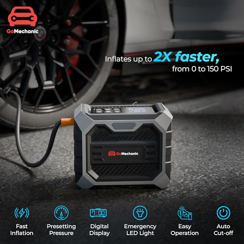 Image of GoMechanic Tyre Inflator for Car and Bike | Works with Both DC Port & Battery Operation | 150 PSI | 3 x 1800mAh Batteries | Rechargeable 12V DC | Multi-Nozzle Function | Digital Display & LED Light