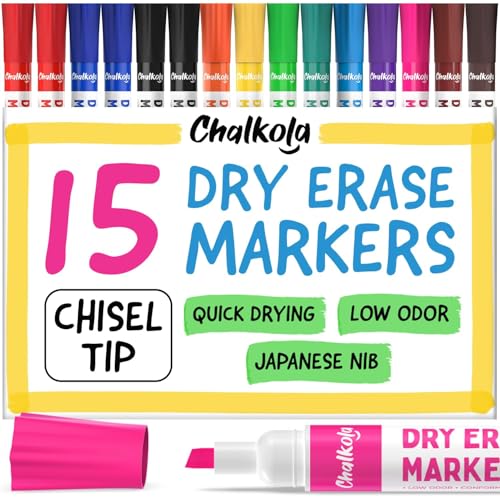 Chalkola Dry Erase Markers Chisel Tip (15 Pack, 12 Colors) | Dry Erase Pens - Non toxic, Low odor Whiteboard Markers for Kids, Teachers, Office, School, Classroom Supplies & Accessories