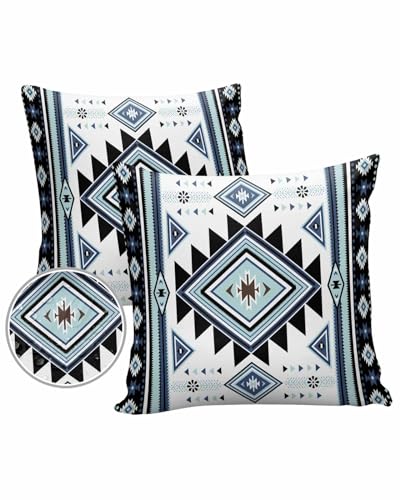 Blue Southwestern Outdoor Pillow Cover 16x16 Inch Cushion Sham Case,Waterproof Decorative Square Throw Pillowcase for Outside Garden Patio Porch Couch Chair Tent Tribal Boho Native American Abstract