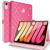 Changjia for iPad Mini 7 (A17 Pro) Case 2024,iPad Mini 6 Generation Case 8.3 Inch 2021,Cute Crown Rhinestone Elegant PU Leather Auto Sleep/Wake Stand Protective Cover for iPad Mini 6/7th 8.3',Hot Pink