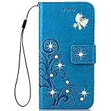 らくらくスマートフォン F-53E ケース シン フィット Easy Phone ケース F53E おしゃれ 純色 四つ葉のクローバーの印 PUレザー 上絵 手帳型 カード入れ らくらくフォン f53e 財布カバー スタンド機能 耐衝撃 防塵 装着やすい 吸着 キラキラ 胡蝶 ラインストーン デコ メチャ可愛い らくらくホン F-53E スマホカバー (ブルー)