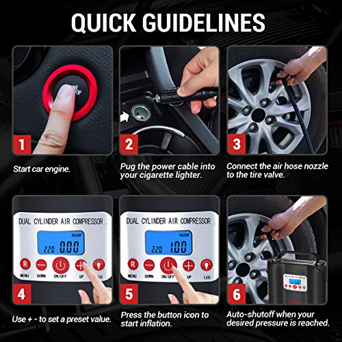AUTOGEN Double Cylinder Air Compressor Tire Inflator 12V Heavy Duty Air Pump for Car Tires 150PSI Tire Inflator with Digital Pressure Gauge for Car, Truck, RV, Bicycle and Other Inflatabls - Thumbnail 4
