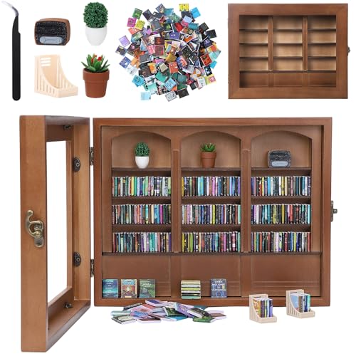 CapyBud Anxiety Bookshelf Mini Books Display for Stress Relief and Fun Decor Small Decorative Miniature Library Potted Plants Mini Radio for Book Lovers Gifts Home Office Decor Walnut Brown Large