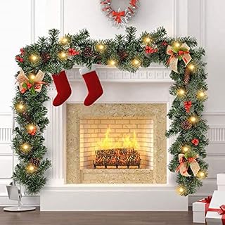 Errum Christmas Garland with Lights for Stairs 1.8M/6FT Christmas Garlands for Fireplaces, Artificial Wreath Garland with Pine Cones Linen Bows for Stairs Xmas Tree Indoor Outdoor
