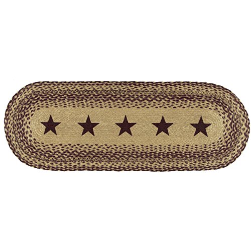 VHC Brands Burgundy Tan Primitive Jute Runner Braided Textured Stenciled Stars 13'x36'