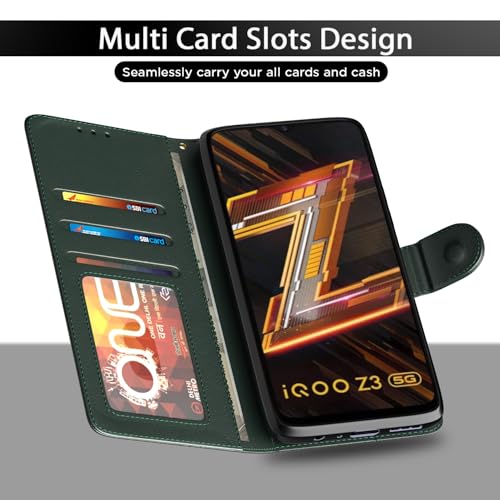 Image of Pikkme Flip Cover for IQOO Z3 5G Leather Finish | Inside TPU with Card Pockets | Wallet Stand and Shock Proof | Complete Protection Flip Case (Green)