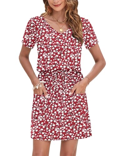 Image of AUSELILY Womens Summer Dresses 2026 Causal Short Sleeve V Neck Tie Front Mini Short Dress with Pockets