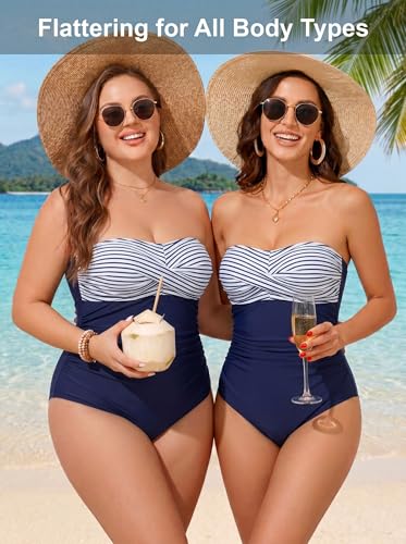 Image of Smismivo Tummy Control Swimwear Strapless One Piece Swimsuit Ruched Bathing Suits for Women Slimming Bandeau Tube Top Bikini