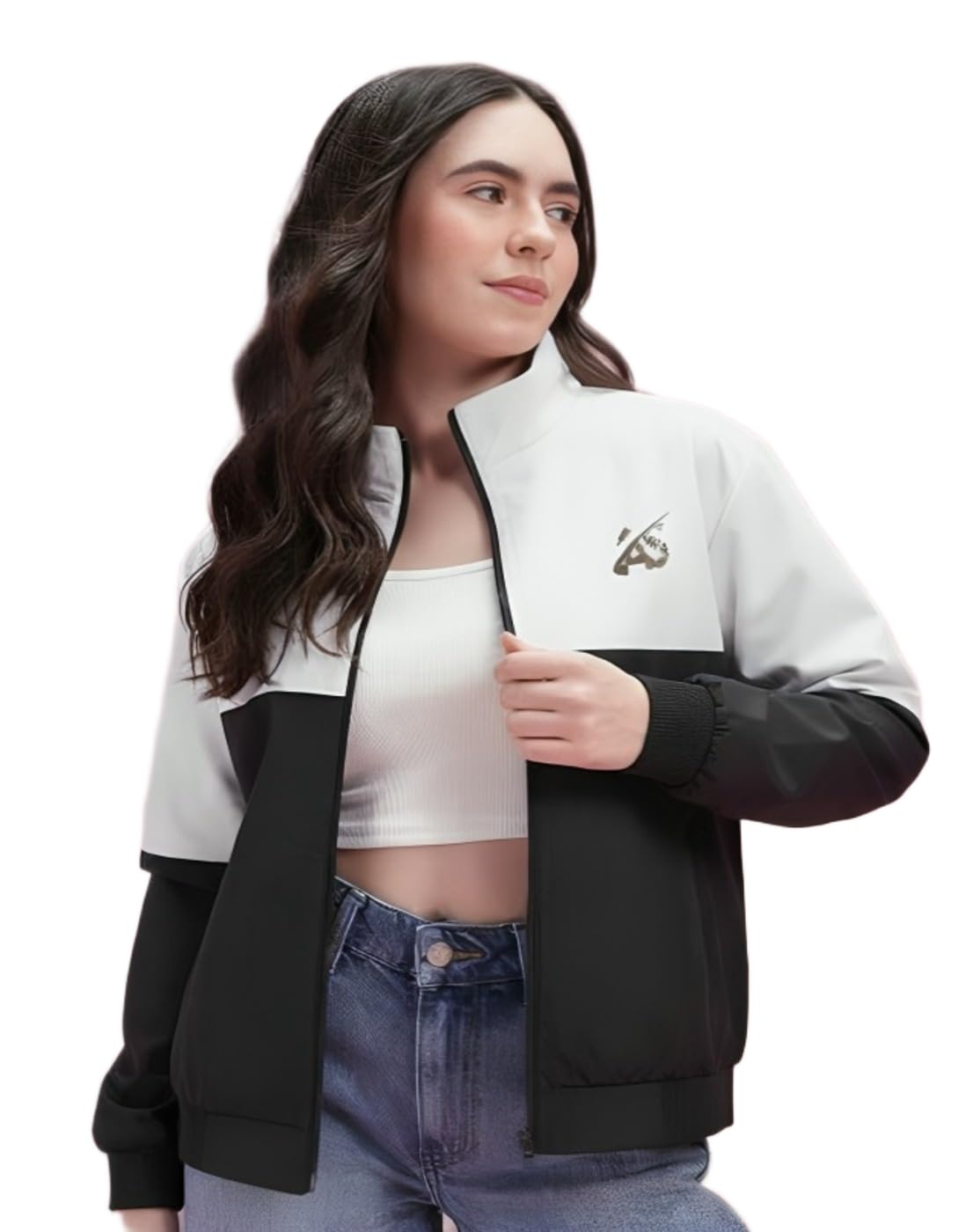 Athletic Color Block Track Jacket, Black and White Two-Tone Design, Full Zip Sport Outerwear with Logo Detail, Modern Athleisure Style