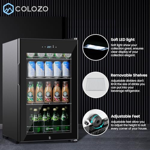 17 Inch Freestanding Beverage Refrigerator Cooler, 96 Cans Mini Fridge with Glass Door, Removable Shelves for Soda, Water, Beer or Wine, Small Drink Refrigerator for Home Office Bar