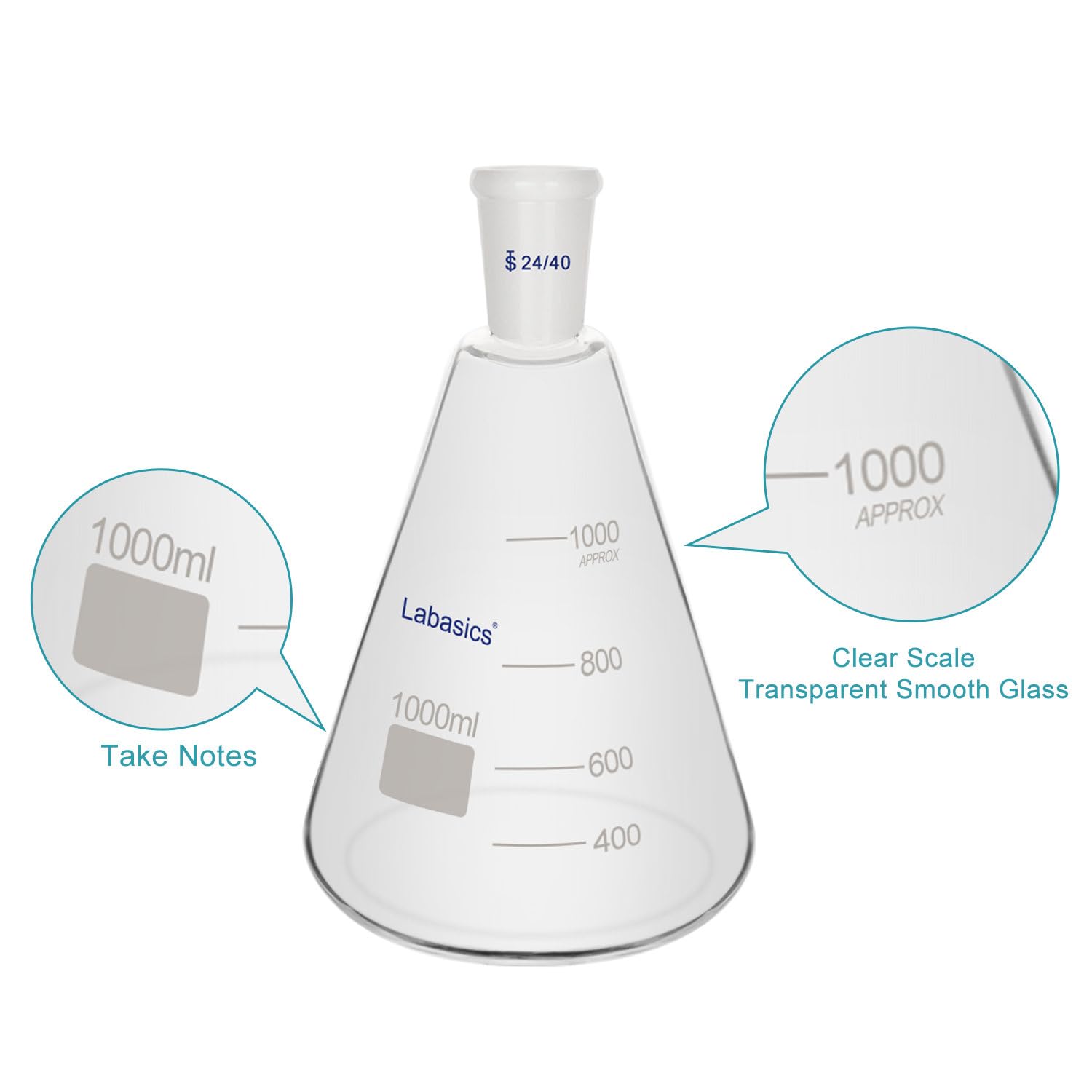 Labasics Glas 24/40 Erlenmeyerkolben, Borosilikatglas Dickwandiger Kolben mit 24/40 Standard Konus Außengelenk, 1000 ml