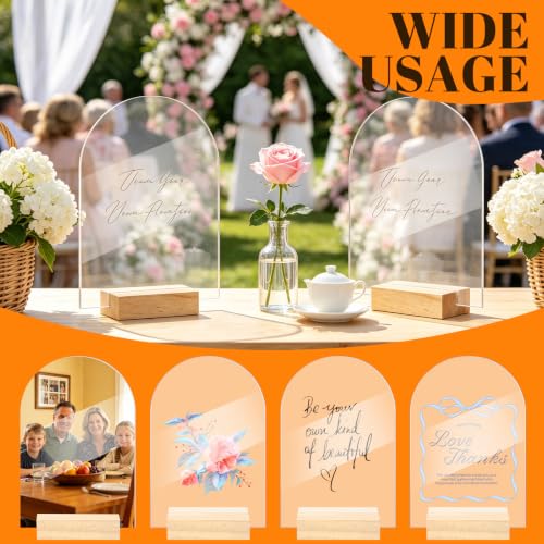 Image of Bercoor 15 Pack 5x7 Inch Blank Clear Arch Acrylic Sign with Wooden Stands, Arched Round Top Acrylic Sheet, DIY Acrylic Arch Table Numbers for DIY Name Card Gifts Event Party Sign Decoration