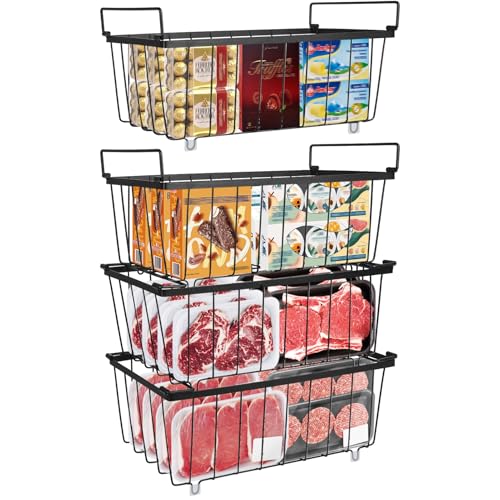 4 Pièces D'ingrédients Congélateur Organisateur Avec Poignées Panier de Rangement Empilable en Métal Pour Armoire de Chambre à Coucher Réfrigérateur Congélateur Boîtes de Rangement Portables(Noir)