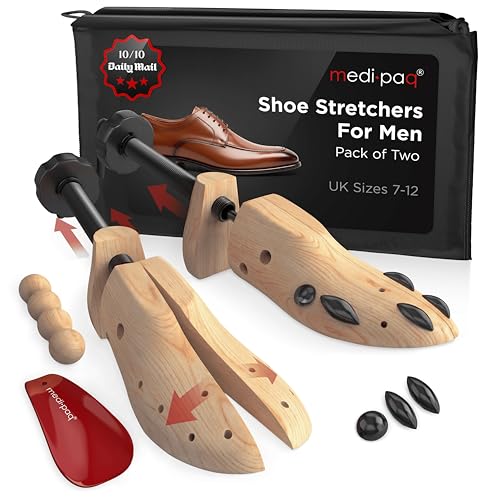 Medipaq Set of 2 Premium Pine Shoe Stretchers – UK Size 7-12 – Wooden Shoe Trees for Men with Cedar Balls & Storage Bag