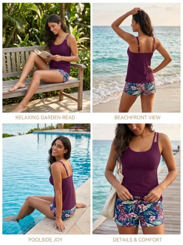 Image of Tempt Me Two Piece Tankini Swimsuits for Women Tummy Control Bathing Suit with Shorts Athletic Two Side Pockets Swimwear