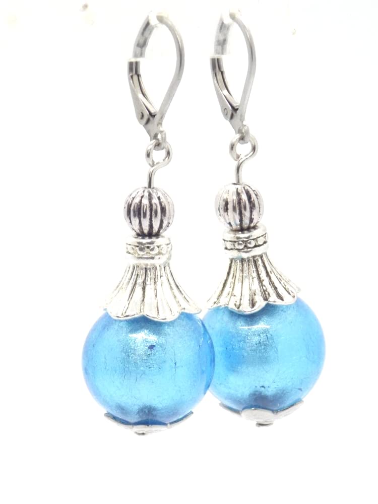 Conjunto de joyería pendientes, collar y pulsera en acero inoxidable, hematites y cuentas de cristal de Murano azul turquesa